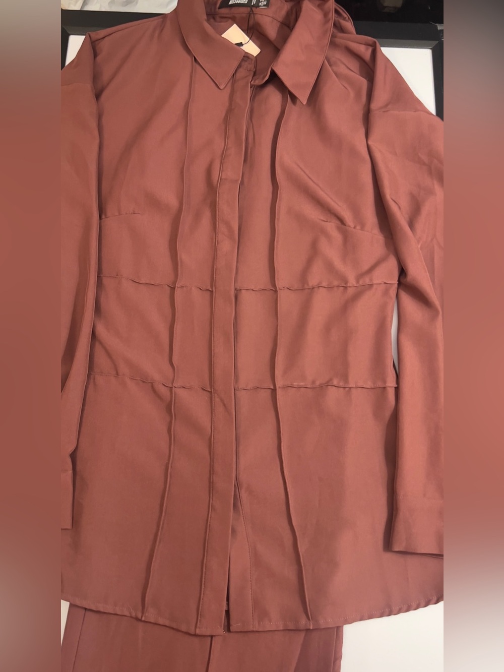 Misguided Two Piece Pant Set Long Sleeve Button-Front Blouse in Chocolate size 8